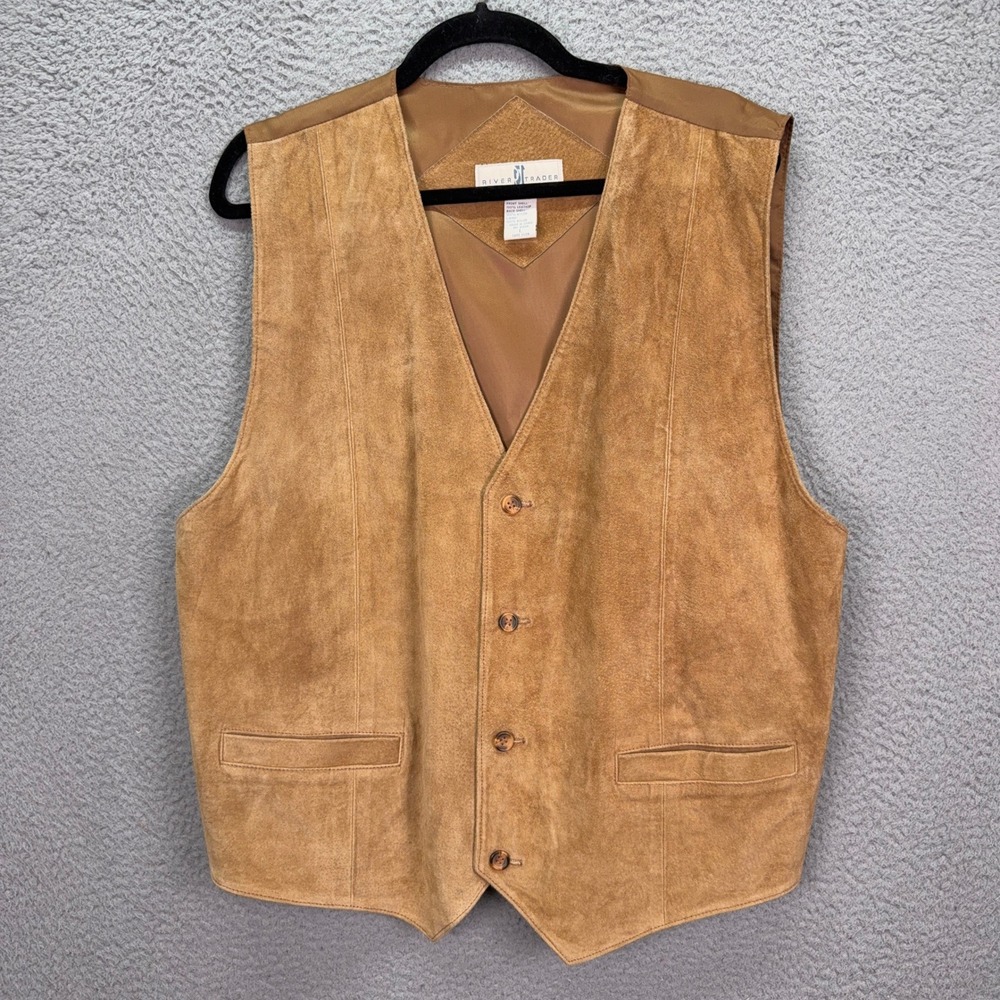 VTG River Trader Vest Mens L Tan Suede Leather Button Front Western Cowboy
